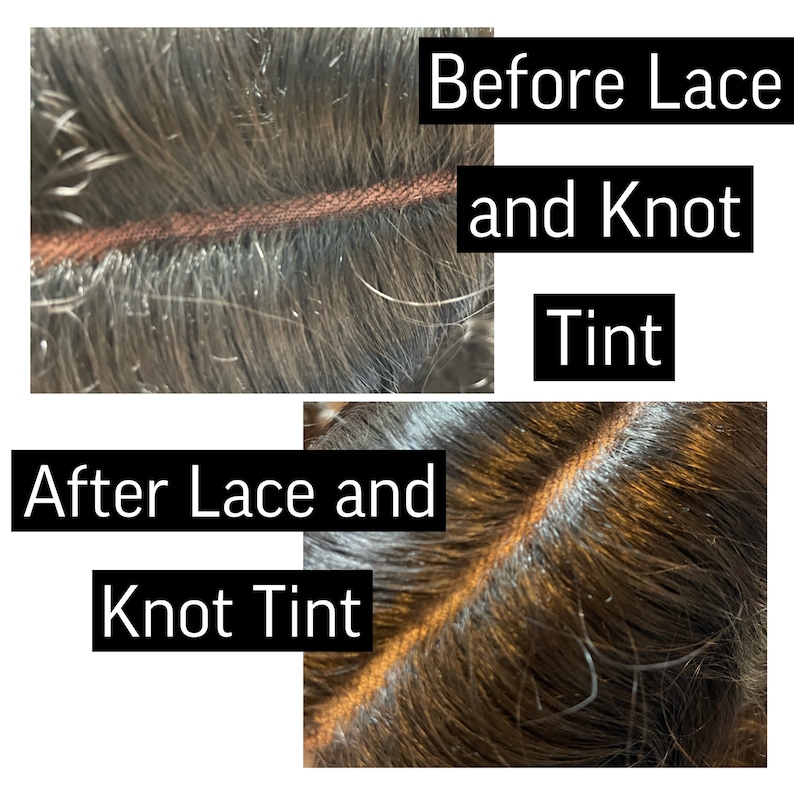 K&ouml;nnte beinhalten: Nahaufnahme von menschlichem Haar vor und nach dem F&auml;rben von Spitze und Knoten. Das obere Bild zeigt das Haar mit sichtbarer Spitze und Knoten. Das untere Bild zeigt das Haar, nachdem die Spitze und die Knoten so gef&auml;rbt wurden, dass sie zur Haarfarbe passen.