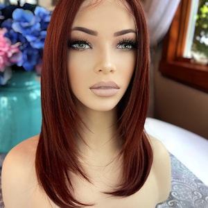 Dylan Wig Razor Cut Red Copper Lace Front Hand Tied Straight Medium HD Wig Center Parting Highlighted Long Rooted Drag Wig Medical Wig