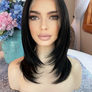 Daria Wig Razor Cut Black Lace Front Hand Tied Straight Medium HD Wig Center Parting Highlighted Long Rooted Drag Wig Medical Wig