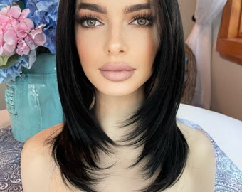 Daria Wig Razor Cut Black Lace Front Hand Tied Straight Medium HD Wig Center Parting Highlighted Long Rooted Drag Wig Medical Wig