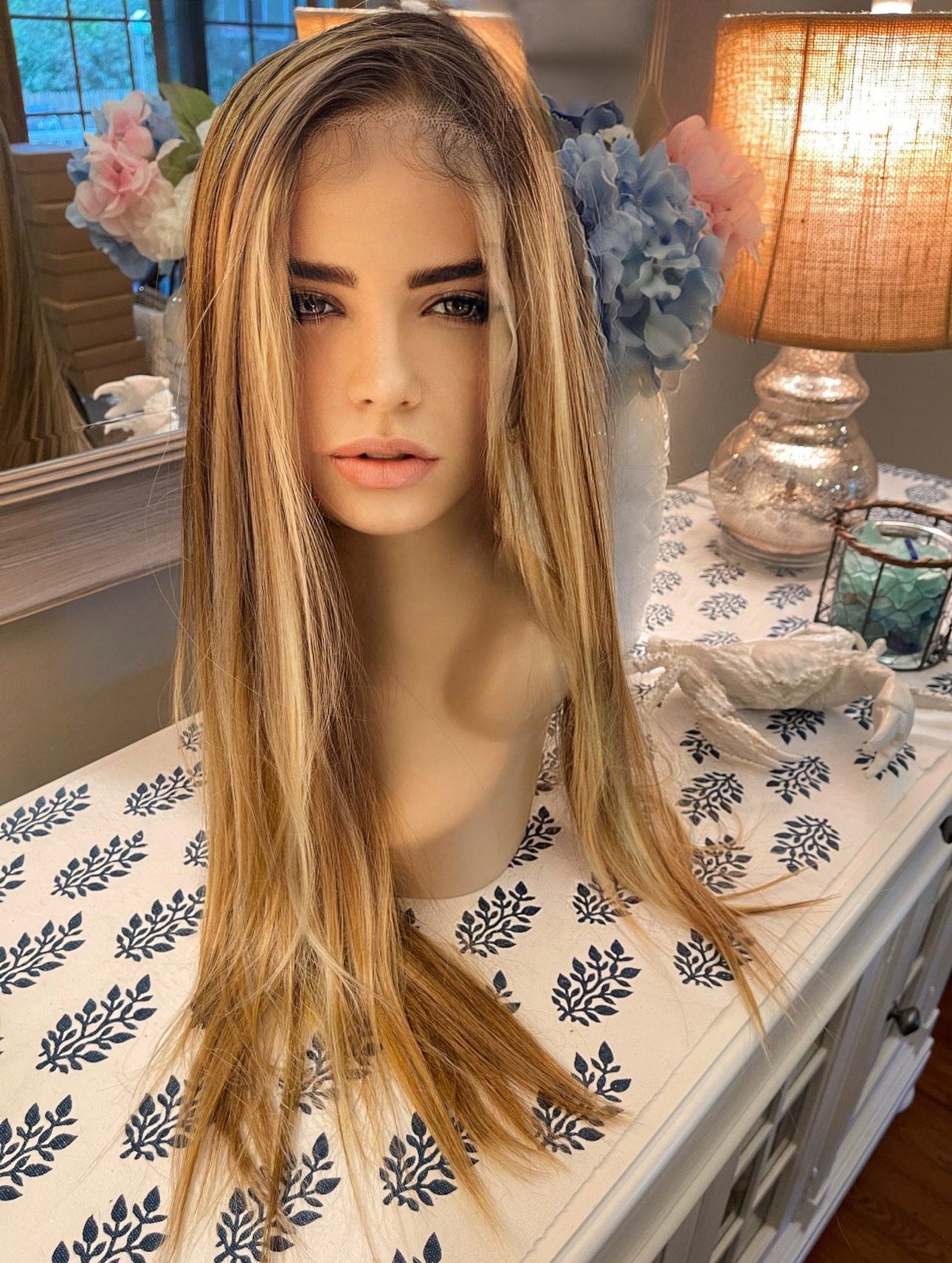Maire Wig Straight Wig Light Density Mono Top Frontal Ash Blonde Highlights Ombre Wig Hand Tied Wig Lace Front Wig Parting Wig HD Lace Wig