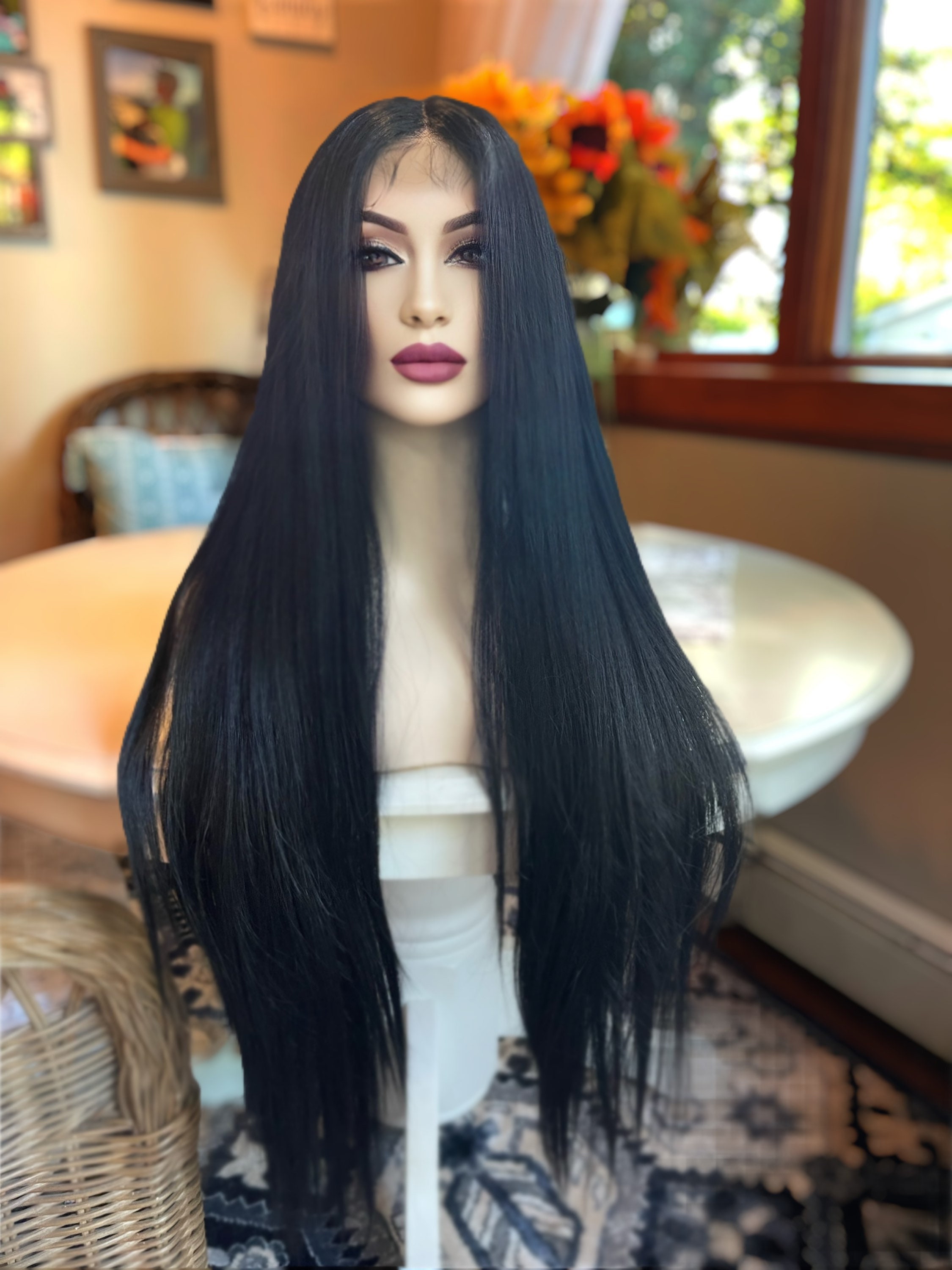 Long Jet Black Lace Wig - Etsy