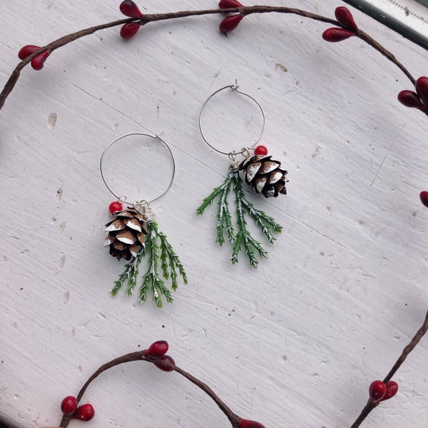 Snowy Fir tree Pinecone hoops Christmas tree natural festive holiday earrings