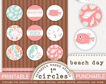 Beach Day 1 inch Circles, Printable Circle Images, Beach Scrapbooking, Coastal Ephemera, Card Making Beach, Scrapbooking Beach Flair