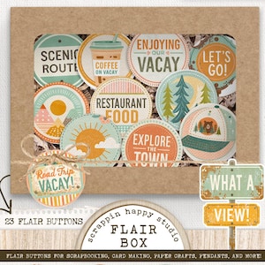 May include: A set of 23 round flair buttons in a brown cardboard box with a clear window. The buttons feature various travel-themed graphics and text including Road Trip Vacay, Scenic Route, Coffee On Vacay, Enjoying Our Vacay, Let's Go, Restaurant Food, Explore The Town, Good Eats, Life Is A Highway, and What A View.
