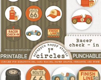 Racer Check in 1 inch Circles, Boy Printable Circles, Scrapbooking Boys, Scrapbooking Cars, Card Making Boy, Scrapbook Ephemera Race Car