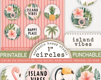 Island Vibes 1 inch Circles, Printable Circle Images, Beach Scrapbooking, Coastal Ephemera, Card Making Beach, Scrapbooking Beach Flair