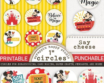 Say Cheese 1 inch Circles, Printable Circle Images, Scrapbooking Magical, Travel Scrapbook ephemera, Card Making, Travel Printable Circles