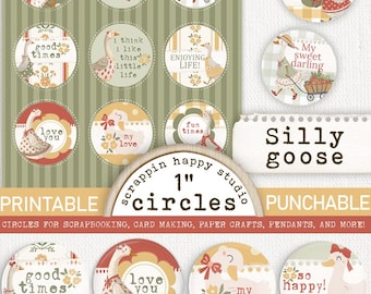 Silly Goose 1 inch Circles, Printable Craft Circle, Scrapbooking, Goose Junk Journal, Card Making, Goose Ephemera, Goose Printable Circles