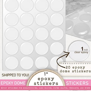 May include: Clear epoxy dome stickers, 1 inch in diameter, for scrapbooking, card making, and more. The package includes 20 stickers. The text on the package says "Enjoy the little things."
