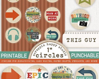This Guy 1 inch Circles, Printable Circles, Scrapbooking Boys, Scrapbooking Men, Card Making Boy, Scrapbook Ephemera, Printable Circles