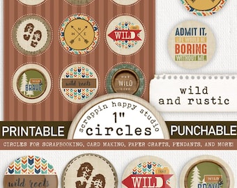 Wild And Rustic 1 inch Circles, Printable Circles, Scrapbooking Camp, Junk Journal, Card Making, Hike Ephemera, Outdoor Printable Circles