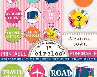 Around Town 1 inch Circles, Printable Circle Images, Travel Scrapbooking, Travel Card Making, Travel Scrapbooking Ephemera, Printable Circle