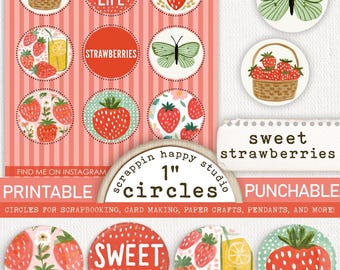 Sweet Strawberries 1 inch Circles, Printable Circle Images, Strawberry Scrapbooking, Strawberry Ephemera, Card Making Strawberries, Flair