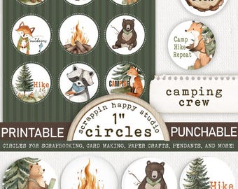 Camping Crew 1 inch Circles, Printable Craft Circle, Scrapbooking Camp, Junk Journal, Card Making, Camp Ephemera, Camping Printable Circles
