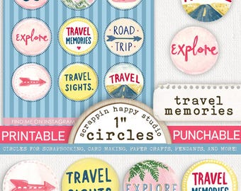 Travel Memories 1 inch Circles, Printable Circle Images, Travel Scrapbooking, TravelEphemera, Card Making Travel, Scrapbooking Flair