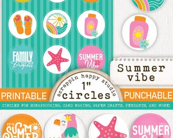 Summer Vibe 1 inch Circles, Printable Circle Images, Beach Scrapbooking, Summer Card Making, Tropical Scrapbooking, Coastal Printable Circle
