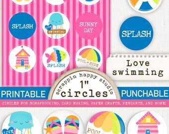 Love Swimming 1 inch Circles, Printable Circle Images, Summer Scrapbooking, Junk Journal, Card Making, Swimming Scrapbooking, Summer Circles