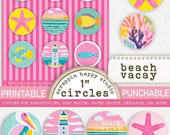 Beach Vacay 1 inch Circles, Printable Circle Images, Beach Scrapbooking, Coastal Ephemera, Card Making Beach, Scrapbooking Beach Flair