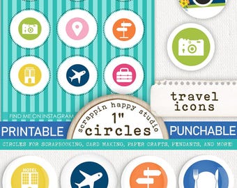 Travel Icons 1 inch Circles, Printable Circle Images, Travel Scrapbooking, Travel Scrapbook ephemera, Card Making, Travel Printable Circles