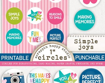 Simple Joys 1 inch Circles, Printable Circle Images, Girl Scrapbooking, Card Making, Scrapbook Ephemera, Printable Flair Buttons, Scrapbook