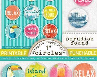 Paradise Found 1 inch Circles, Printable Circle Images, Beach Scrapbooking, Coastal Ephemera, Card Making Beach, Scrapbooking Beach Flair