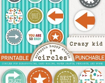 Crazy Kid 1 inch Circles, Printable Circles, Scrapbooking Boy, Scrapbooking Kids, Card Making Boy, Scrapbook Ephemera Boy, Boy Printable