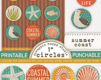 Summer Coast 1 inch Circles, Printable Circle Images, Beach Scrapbooking, Coastal Ephemera, Card Making Beach, Scrapbooking Ocean Digital
