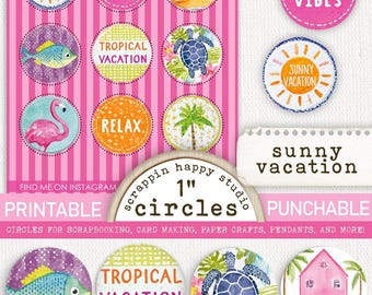 Sunny Vacation 1 inch Circles, Printable Circle Images, Beach Scrapbooking, Coastal Ephemera, Card Making Beach, Scrapbooking Beach Flair