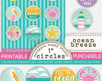 Ocean Breeze 1 inch Circles, Printable Circle Images, Beach Scrapbooking, Coastal Ephemera, Card Making Beach, Scrapbooking Beach Flair
