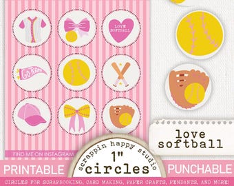 Love Softball 1 inch Circles, Printable Circles, Scrapbooking Baseball, Scrapbooking Softball, Card Making Sports, Ephemera, Printable Flair