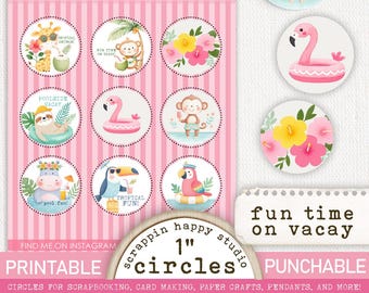 Fun Time On Vacay 1 inch Circles, Printable Circle Images, Beach Scrapbooking, Coastal Ephemera, Card Making Beach, Scrapbooking Beach Flair