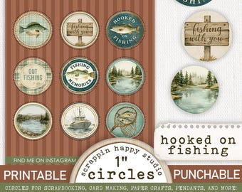 Hooked On Fishing 1 inch Circles, Printable Circles, Scrapbooking Fishing, Junk Journal, Card Making, Fishing Ephemera, Fishing Printable
