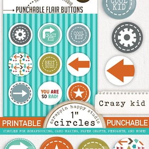 Crazy Kid 1 inch Circles, Printable Circles, Scrapbooking Boy, Scrapbooking Kids, Card Making Boy, Scrapbook Ephemera Boy, Boy Printable