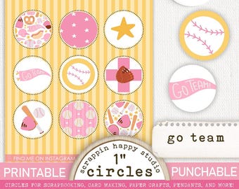Go Team Girly 1 inch Circles, Printable Circles, Scrapbooking Softball, Scrapbooking Sports, Card Making Sports, Ephemera, Printable Flair