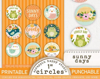 Sunny Days 1 inch Circles, Printable Craft Circle, Scrapbooking, Junk Journal, Card Making, Spring Ephemera, Spring Printable Circles