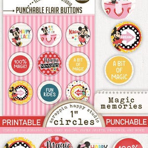May include: A sheet of printable 1-inch punchable flair buttons featuring Minnie Mouse. The buttons have various designs with phrases like "Happy Place," "Magic Memories," and "100% Magic!" The background is pink and white striped.