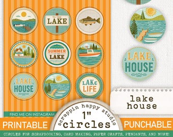 Lake House 1 inch Circles, Printable Circles, Scrapbooking Lake, Junk Journal, Card Making, Summer Ephemera, Lake Flair Buttons