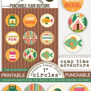 May include: A selection of 2.5 cm punchable flair buttons with camping designs. The buttons display illustrations of a lantern, fish, cabin, soda, and text such as "Camp Adventure" and "Camping Fun". The background is brown with vertical stripes.