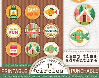 Camp Time Adventure 1 inch Circles, Printable Circles, Scrapbooking Camp, Junk Journal, Card Making, Hike Ephemera, Outdoor Printable Circle