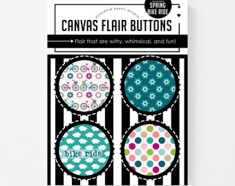 Spring Bike Ride Canvas Flair, Flair Buttons, Flair Buttons for Scrapbooking, Scrapbooking Embellishments