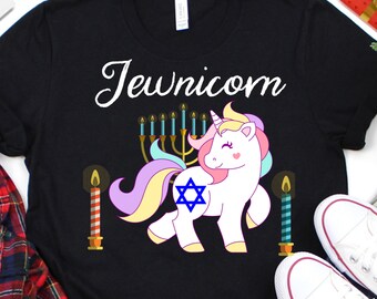 Lustiges Jewnicorn Chanukka Shirt, Einhorn Menorah jüdischer Stern