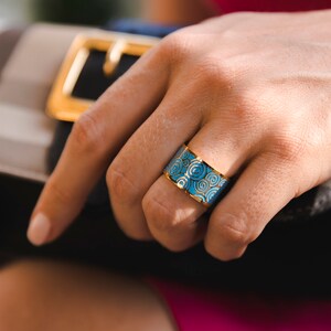 Deep Azure Enamel Ring - Turquoise Wide Band Enamel Ring - 18k Gold Couple Band Ring - Unique Enamel Jewelry - Statement ring - Wedding Ring