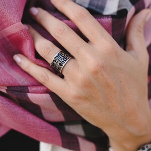 Unisex Black Mist Enamel Ring - Wide Band Enamel Ring - Rhodium Plated Couple Band Ring - Unique Black Enamel Design Ring - Statement ring