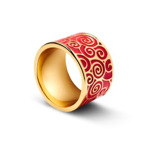 Happiness Wishing Ring - Red Wide Band Enamel Ring - 18k Gold Band Ring - Unique Enamel Jewelry - Statement ring - Wedding Ring