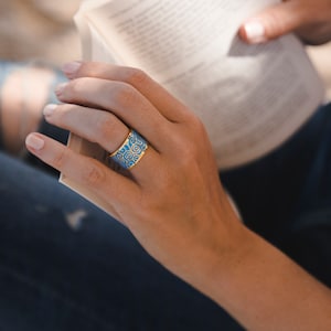 Deep Azure Enamel Ring - Turquoise Wide Band Enamel Ring - 18k Gold Couple Band Ring - Unique Enamel Jewelry - Statement ring - Wedding Ring