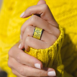 Gold Stream Enamel Ring - Yellow Wide Band Enamel Ring - 18k Gold Band Ring - Unique Enamel Jewelry - Statement ring - Wedding Ring