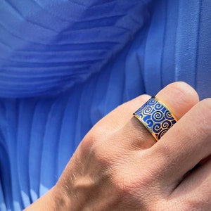 Deep Indigo Enamel Ring - Blue Wide Band Enamel Ring - 18k Gold Couple Band Ring - Unique Enamel Jewelry - Statement ring - Wedding Ring