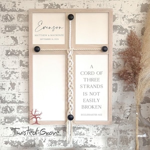 A Cord of Three Strands unity ceremony braided cross wedding sign with natural & white cotton cords, non traditional unity ceremony idea