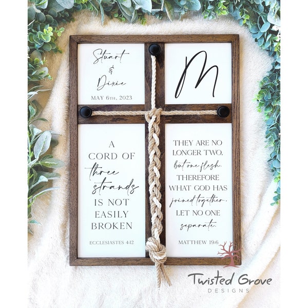 A cord of three strands | What God joined together | Wedding unity ceremony idea jute cotton cord braid cross established wedding sign gift